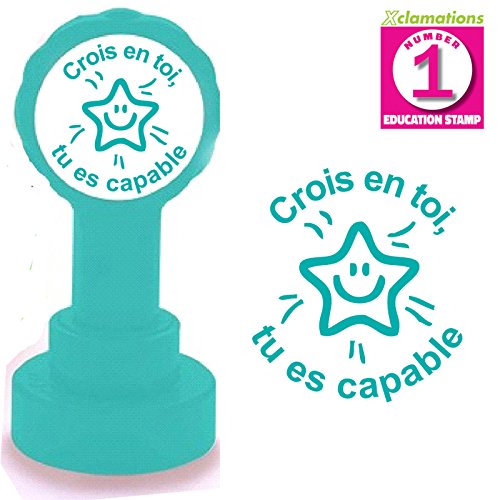 Crois en toi, tu es capable Tampon Auto-encreur pour Enseignant. Encre Turquoise. Design Etoile Smiley. Taille 22mm. Recharge Disponible