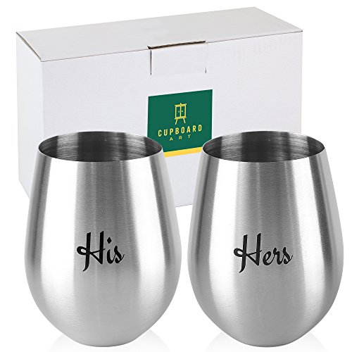 His and Hers: Set of 2 Stemless Stainless Steel Large Unbreakable 18 oz Wine Glasses Tumblers