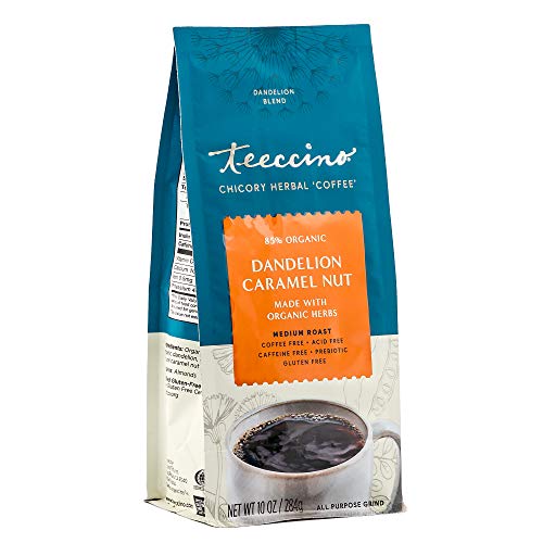 Teeccino Dandelion Root Herbal Coffee - Caramel Nut - Caffeine-Free Coffee Alternative with Prebiotics, Gluten Free, Acid Free - Medium Roast, 10 oz