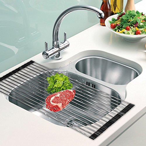 DDMY Over The Sink Dish Rack Roll-Up Dish Drying Rack Multipurpose Dish Drainer Collapsible Kitchen Sink Rack
