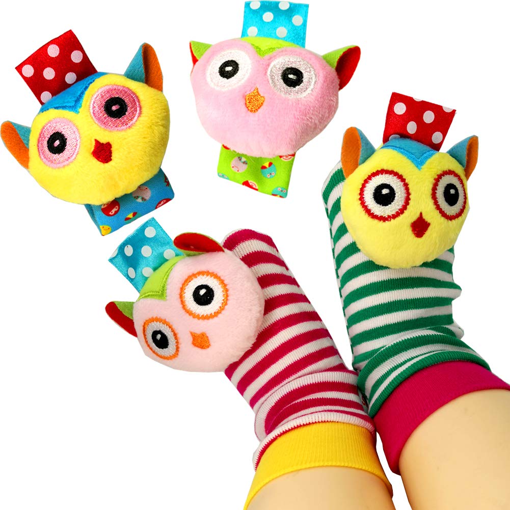 Baby Socks Toys, Baby Infant Wrist Rattles and Foot Rattles Finder Socks Toy Set, Early Educational Development Animal Rattles Toy Gift for Boys and Girls (4 Packs)