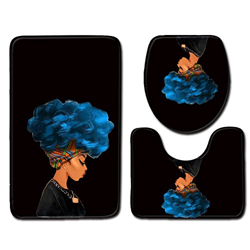 Afro Black Woman with Blue Hair Skidproof Toilet Seat Bathroom Floor Mat Pedestal Rug + Lid Toilet Cover + Bath Mat 3 Piece