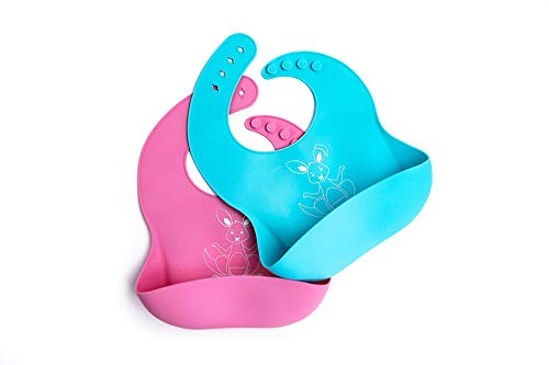 Baby Bibs made of Waterproof Silicone for girls and boys - rinses clean easily - by Mom n Dad Designs - An easier mealtime with toddlers & babies (Blue & Pink)