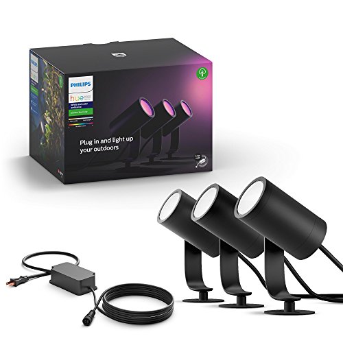 Book Cover Philips Hue Lily White & Color Ambiance Outdoor Smart Spot light Base kit (Philips Hue Hub required), 3 Hue White & Color Ambiance Smart Spot Lights plus power supply