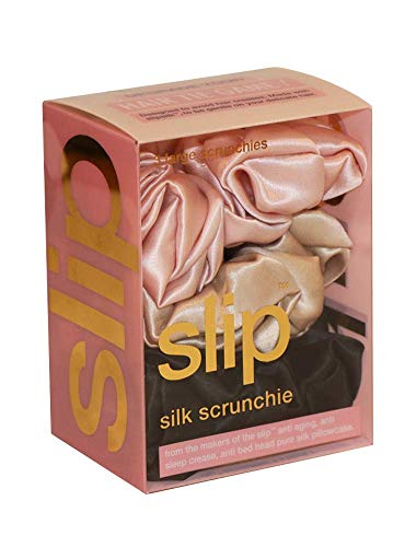 slip Large Scrunchie Multi | Set of 3 Pure Silk Large Scrunchies | Includes 1 Pink, 1 Caramel, 1 Black | 100% Mulberry Silk, Anti-Crease, Gentle on Hair, Reduces Breakage | Stylish & Durable