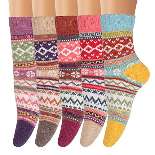 Ofeily Winter Socks 5 Pairs Women Vintage Wool Socks Thick Knit Warm Comfort Socks