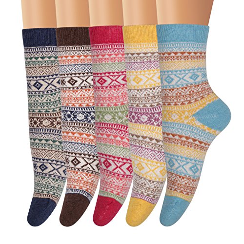 Ofeily Winter Socks 5 Pairs Women Vintage Wool Socks Thick Knit Warm Comfort Socks (ZYX-00105C)