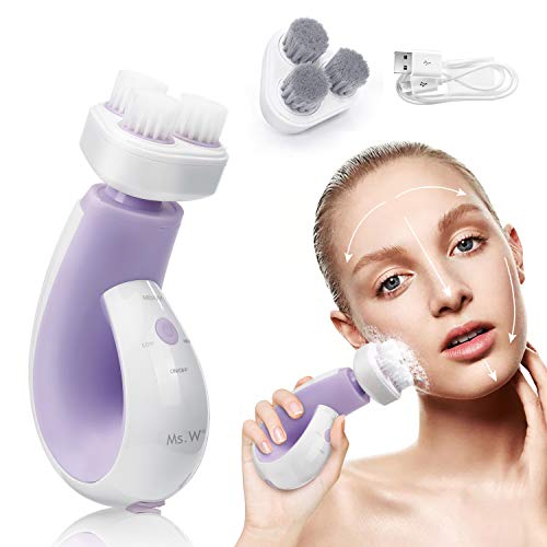 Book Cover Facial Cleansing Brush 3 Heads Rotation, Ms.W Waterproof Face Brushes for Deep Cleansing, 3 Modes with 2 Brush Heads, Smart Timer, Nano Bristles Gentle Exfoliating and Massaging