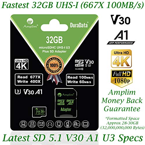 32GB Micro SD SDHC V30 A1 Memory Card Plus Adapter Pack (Class 10 U3 UHS-I MicroSD HC Extreme Pro) Amplim 32 GB Ultra High Speed 667X 100MB/s UHS-1 TF MicroSDHC 4K Flash - Cell Phone, Drone, Camera