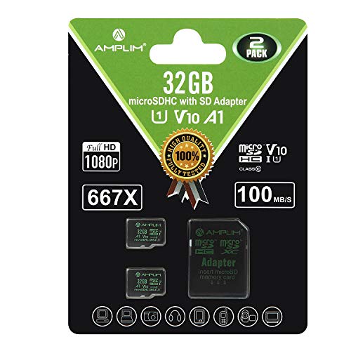 Amplim Micro SD Card 32GB, 2 Pack MicroSD Memory Plus Adapter, MicroSDHC Class 10 UHS-I U1 V10 TF Extreme High Speed Nintendo-Switch, GoPro Hero, Raspberry Pi, Phone Galaxy, Camera Cam, Tablet, PC