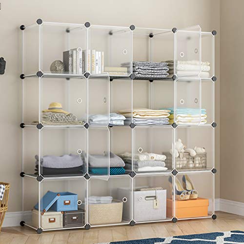 KOUSI Portable Storage Shelf Cube Shelving Bookcase Bookshelf Cubby Organizing Closet Toy Organizer Cabinet, 16 Cubes Transparent