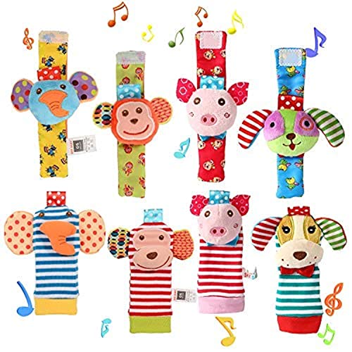 ThinkMax Baby Wrist Rattles, 8 Pcs Soft Animal Wrist Rattles and Foot Finders SockSet - Elephant, Monkey, Piggy and Puppy