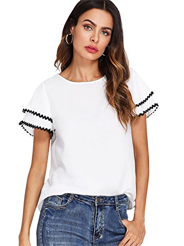 Floerns Women's Layered Ruffle Lace Trim Short Sleeve Blouse Tops