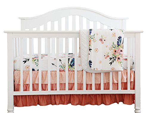 Boho Coral Feather Floral Ruffle Baby Minky Blanket Peach Floral Nursery Crib Skirt Set Baby Girl Crib Bedding Feather Blanket (Feather Floral 3pc Set)