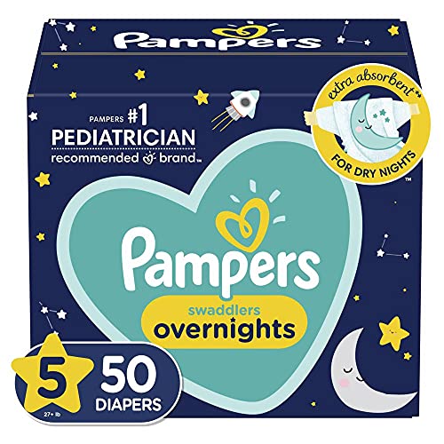 Pampers Diapers Size 5, 50 Count - Swaddlers Overnights Disposable Baby Diapers, Super Pack (Packaging May Vary)