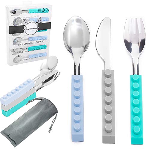 Stainless Steel Kids and Toddler Utensil Set | UpwardBaby Original Interlocking 6 Piece Set | Quick Self Feeding Silverware Flatware with Bag Included for School Lunchbox | See Video Demonstration