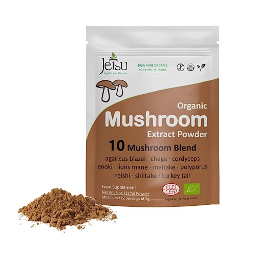 Jetsu Organic Mushroom Blend Extract Powder - 10 Blend Everyday Dose Mushroom Supplement, Agaricus, Chaga, Cordyceps, Enoki, Lions Mane, Maitake, Polyporus, Reishi, Shiitake, Turkey Tail Mushrooms