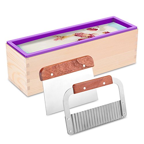 Book Cover ZYTJ Silicone soap molds kit kit-42 oz Flexible Rectangular Loaf Comes with Wood Box,Stainless Steel Wavy & Straight Scraper for CP and MP Making Supplies
