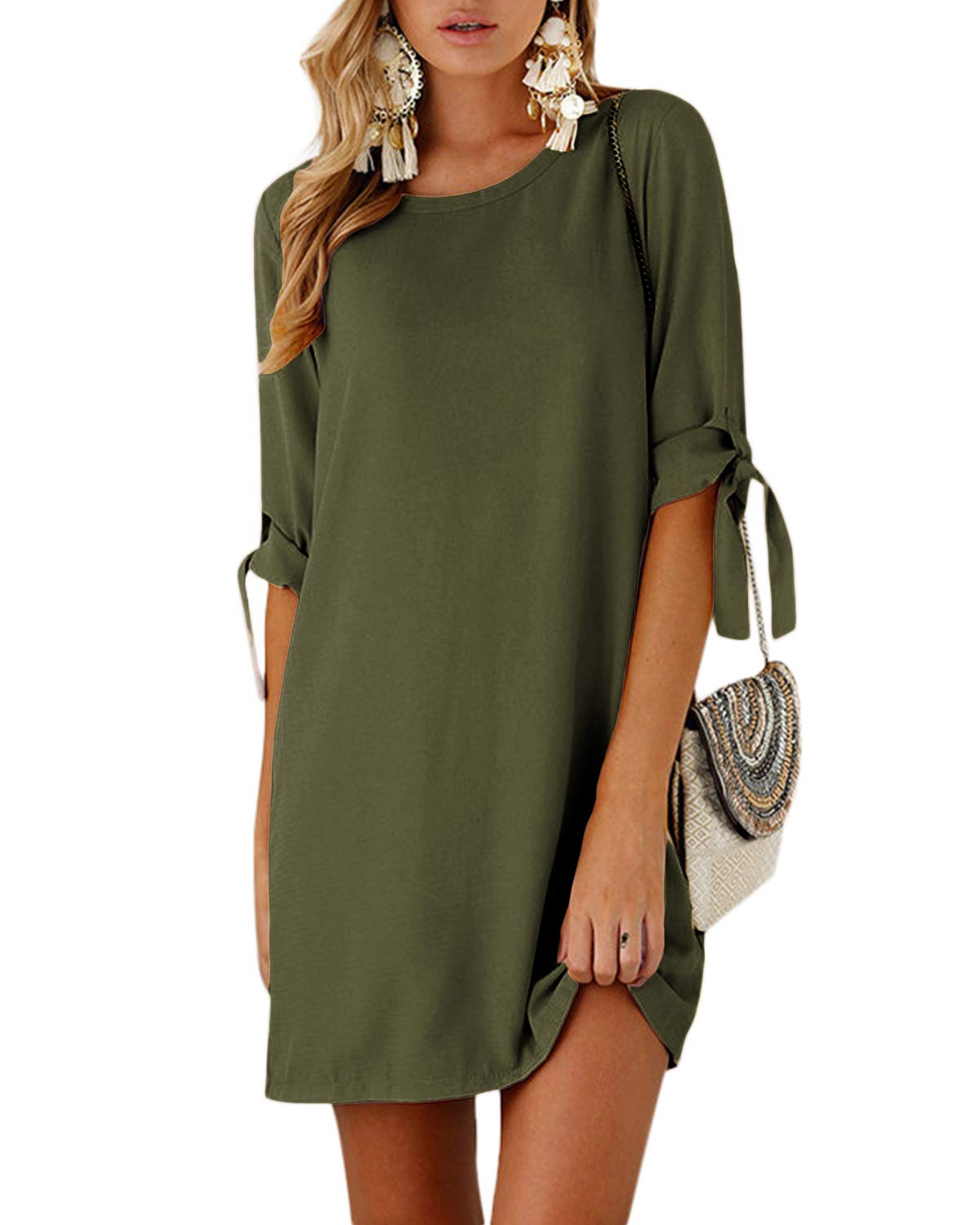 Book Cover YOINS Summer Dresses for Women Short Sleeves T Shirts Solid Crew Neck Tunics Self-tie Blouses Mini Dresses Advanced Version-army Green Small