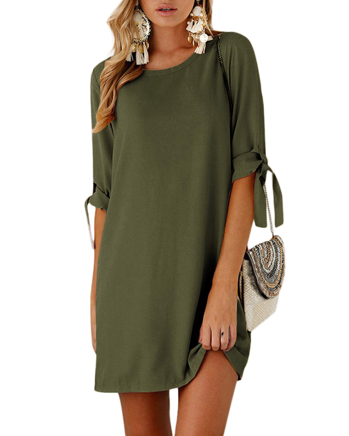 YOINS Summer Dresses for Women Short Sleeves T Shirts Solid Crew Neck Tunics Self-tie Blouses Mini Dresses Advanced Version-army Green Small