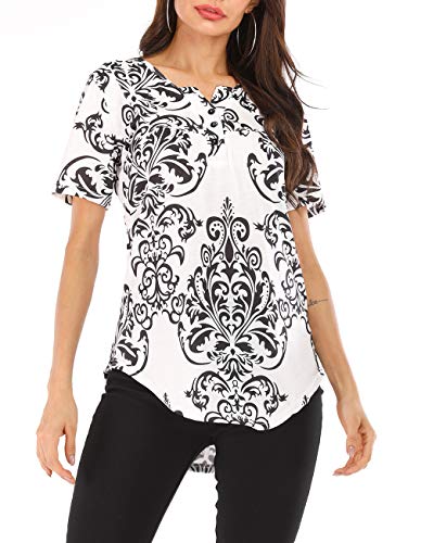 Defal Women Summer Short Sleeve V Neck Paisley Floral Print Blouses Shirts Casual Irregular Hem Flowy Lightweight Tunic Tops