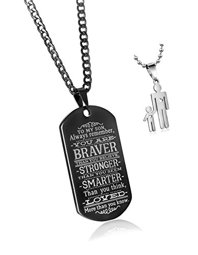 CaleesLLC To My Son Always Remember You Are Braver Than You Believe Quotes Black Dog Tags Pendant Necklace Love Gift
