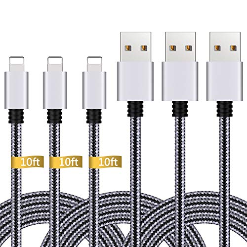 Book Cover iPhone Charger,3Pack 10FT Lightning to USB Cable Nylon Braided Charging Cord Compatible with iPhone X 8 Plus 8 7 Plus 7 6 6S 6 Plus 5S SE iPod iPad Mini Air Pro (Black Gray)