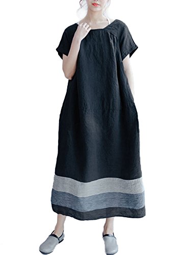 Celmia Women's Casual Short Sleeve Cotton Patchwork Colorblock Baggy Long Dress