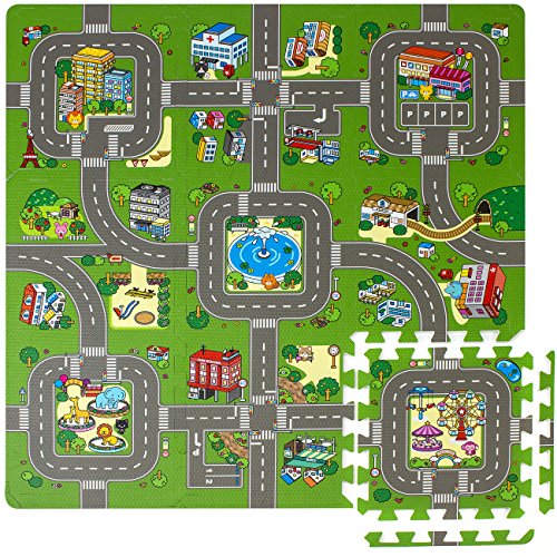 Book Cover Sorbus Traffic Play mat Puzzle Foam Interlocking Tiles â€“ Kids Road Traffic Play Rug - Children Educational Playmat Rug - Great for Playing with Toy Cars Trucks (9 Tiles with Borders)