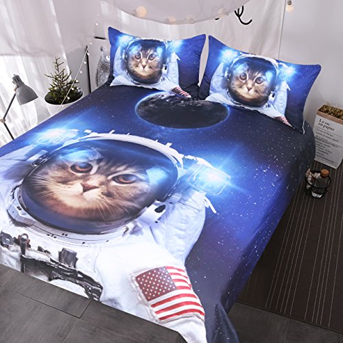 Blessliving Funny Space Cat Bed Set 3 Piece Astronaut Kitty Bedspread Teens Kids Blue Galaxy Bedding Star Universe Duvet Cover (Twin)