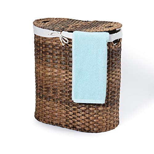Seville Classics Handwoven Oval Double Lidded Removable Canvas Liner Laundry Sorter Hamper Bin, Mocha Brown