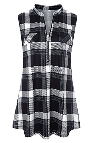 LURANEE Womens Sleeveless Plaid Shirts V Neck Casual Nice Zip Up Tunic Tank Tops