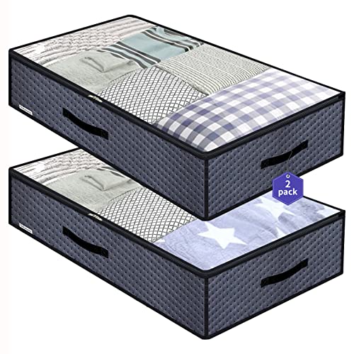 Onlyeasy Foldable Underbed Bags - 2 Pack Blankets Clothes Comforters Storage Bags Breathable Zippered Organizer For Bedrooms,With Clear Window and 3 Handles,240gsm thicker fabric,Dark Grey, 7MX3GR100L