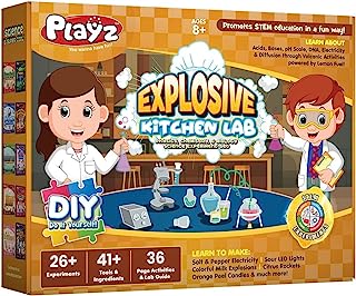 Playz Explosive Kitchen Lab 26+ Physics, Chemistry & Biology Science Experiments Set - Make Salt & Pepper Electricity, Sour LED Lights, Colorful Milk Explosions, Citrus Rockets, & Orange Peel Candles
