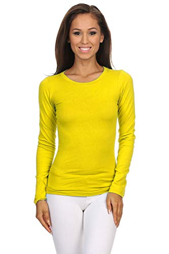 COLOR STORY Womens Basic Yellow Colors Slim Fit Long Sleeve Round Neck Top (1100-YELLOW-M)
