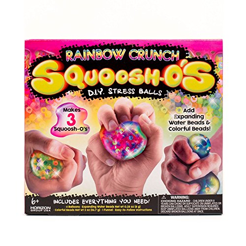 Book Cover Squoosh-Os Rainbow Crunch DIY Fidget Toys by Horizon Group USA, Make 3 De-Stressing Toys, DIY Stress Balls for Kids, Includes Balloons, Funnel, Colorful Pony Beads, Expanding Water Beads & More, Multicolor, 9x2x8