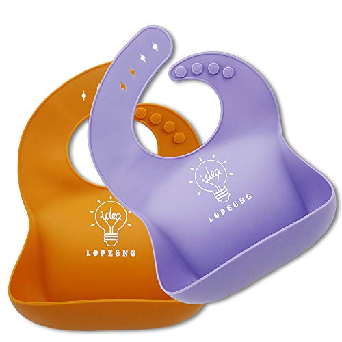 LOPE & NG Soft Silicone Feeding Bib Set of 2 - Waterproof Adjustable Snaps Baby Bibs for Infants and Toddlers with Food Catcher Pocket(Light Purple/Orange)