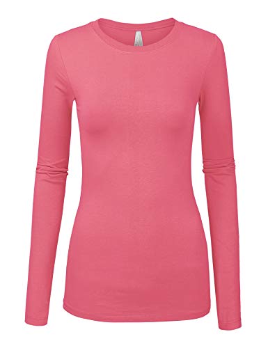Book Cover COLOR STORY Womens Basic Bright Coral Colors Slim Fit Long Sleeve Round Neck Top (1100-BRIGHT Coral-M)