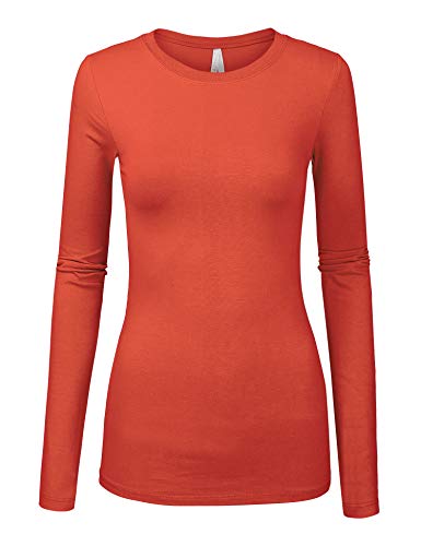 COLOR STORY Womens Basic Light Rust Colors Slim Fit Long Sleeve Round Neck Top (1100-LIGHT Rust-M)
