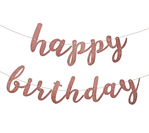 Famoby Rose Pink Glittery Happy Birthday Banner for Birthday Party Decorations
