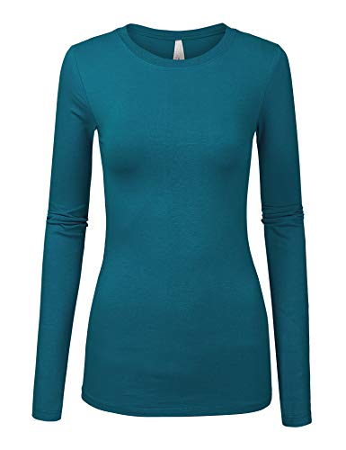 Book Cover COLOR STORY Womens Basic Teal Blue Colors Slim Fit Long Sleeve Round Neck Top (1100-TEAL Blue-M)