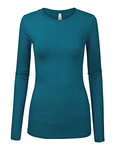 COLOR STORY Womens Basic Teal Blue Colors Slim Fit Long Sleeve Round Neck Top (1100-TEAL Blue-M)