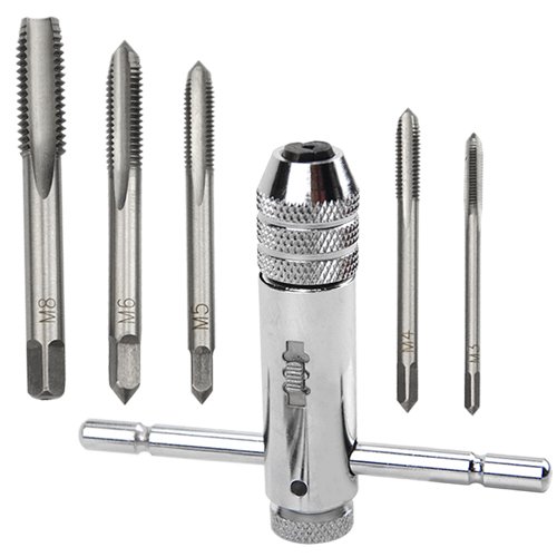XINGYHENG Adjustable T-Hand Ratchet Wheel Tap Holder Wrench Reversible Bothway and 5PCS M3-M8 Metric Tread Tap Manual Tapping Accessories