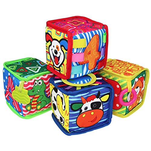 Beedool Baby Toy Soft Rattle Baby Blocks My First Active Education Toys Infant Travel toys Foam Grab and Stack Building Blocks Toy with Safety Mirror and Silicone Teether BPA-free for 0-36 Months