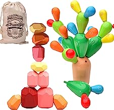 38 PCs Wooden Stacking Rocks & Cactus, Montessori Toys for 2 3 4 5 6 year old, Wooden Blocks of Stacking Toys Made for Toddler and Kids with Easy Storage Bag, Educational Wooden Toys for Boys & Girls