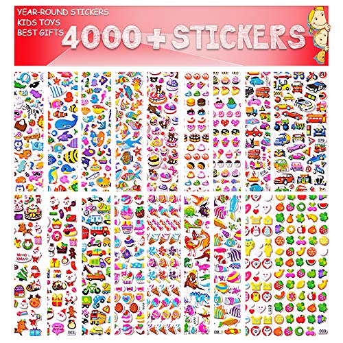 Sinceroduct Stickers for Kids, 3D Stickers Kids Scrapbooking, 4000+ pieces, 80 Different Sheets Back to School Sticker Variety Pack Including Animals, Foods, Smiley Faces, Cars More,Christmas Supplier