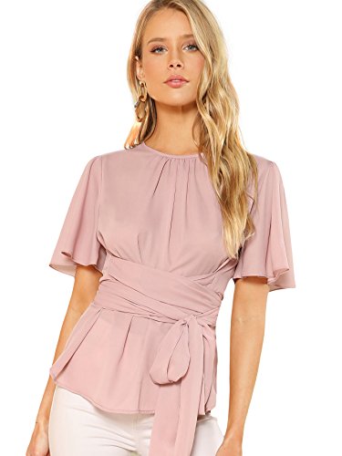 Romwe Women's Self Tie Wist Short Sleeve Casual Chiffon Blouse Tops