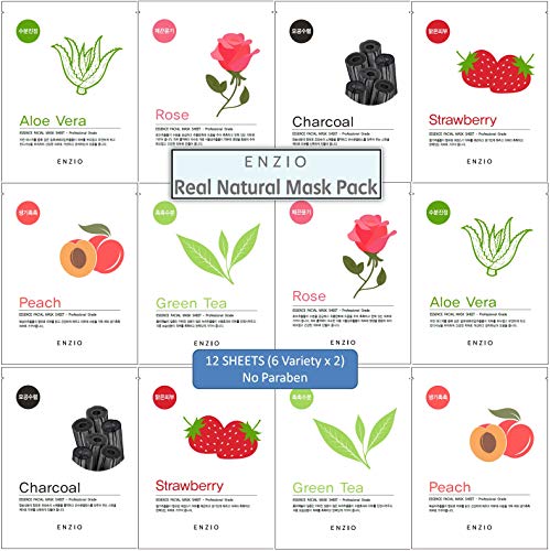 Enzio Paraben Free Korean Collagen Essence Natural Face Facial Mask Sheet (6 Variety x 2 Each = 12 Sheets Total) (Free of Parabens, Benzophenone, Talc, and Color Additives)