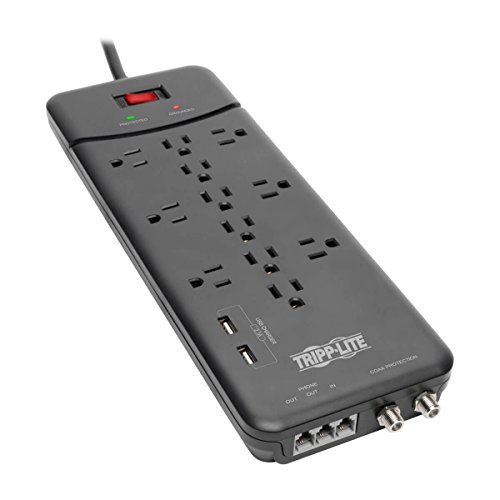 Tripp Lite TLP128TTUSBB 12 Outlet Surge Protector Power Strip, 2 USB Charging Ports, Tel/Modem/Coax Protection, 8ft Cord Right Angle Plug, Black, Lifetime Insurance & $150K Insurance