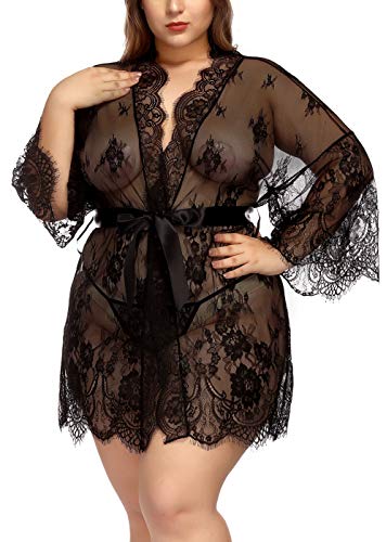 TGD Womens Lingerie Lace Plus Size Kimono Robe Mesh Nightgown Dress Sets